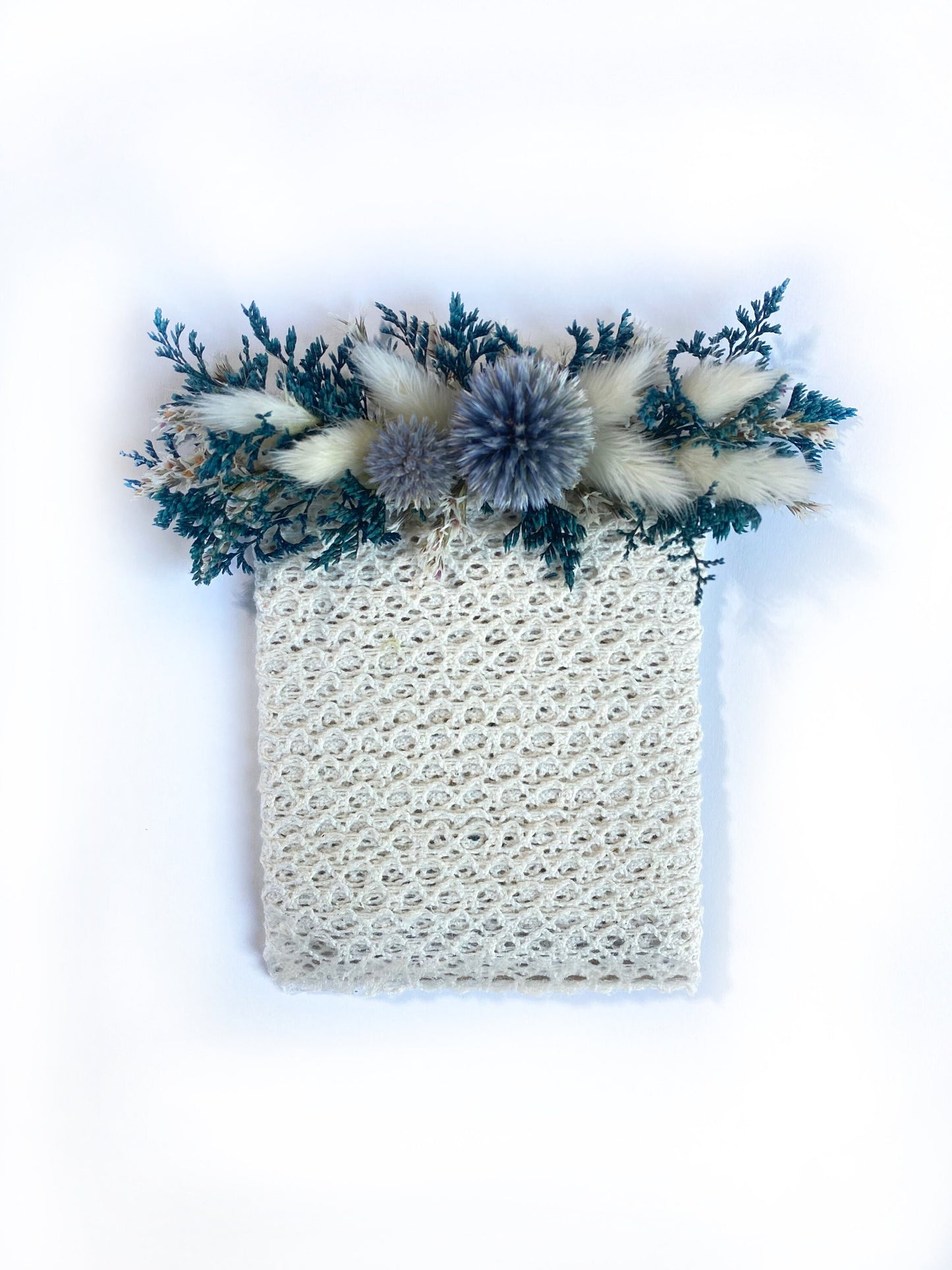 Clear Skies Collection, Wedding Bouquet, Dried Flowers, Winter, Preserved, Bridal, Globe Thistle, Bunny Tails, White, Ribbon, German Statice, Caspia, Blue, Dried