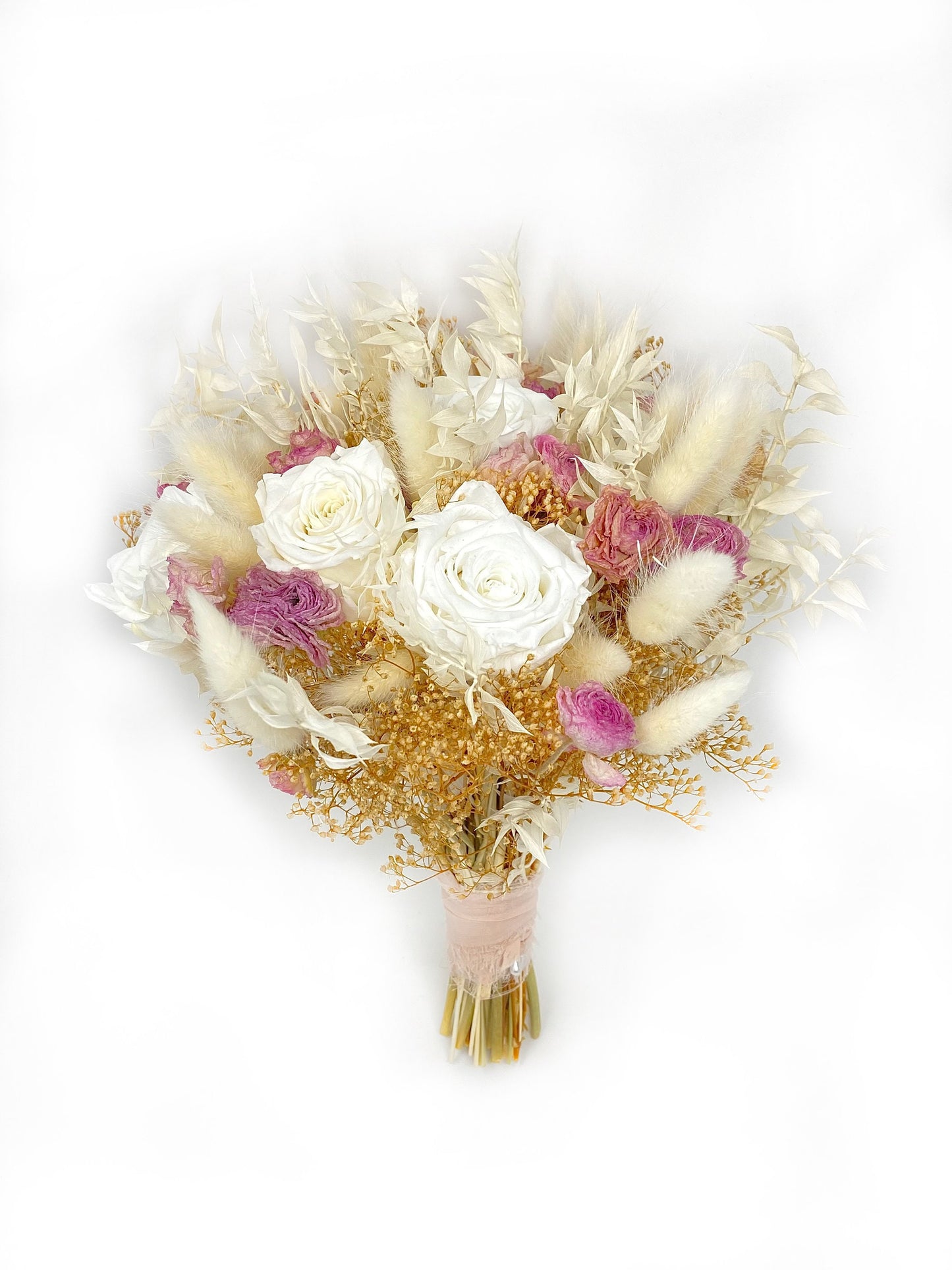White Rose Wedding Bouquet, Preserved Forever Roses, White and Pink, Bridal, Elegant, Bunny Tails, Boho, Fall Flowers, Cream, Neutral Dried
