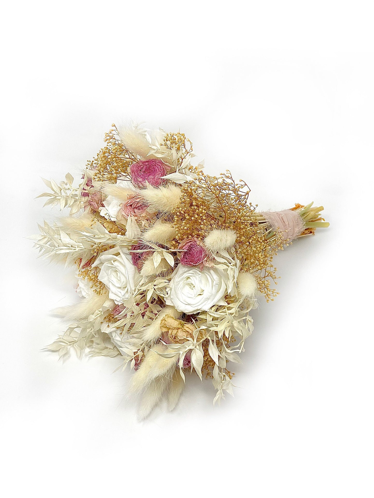 White Rose Wedding Bouquet, Preserved Forever Roses, White and Pink, Bridal, Elegant, Bunny Tails, Boho, Fall Flowers, Cream, Neutral Dried