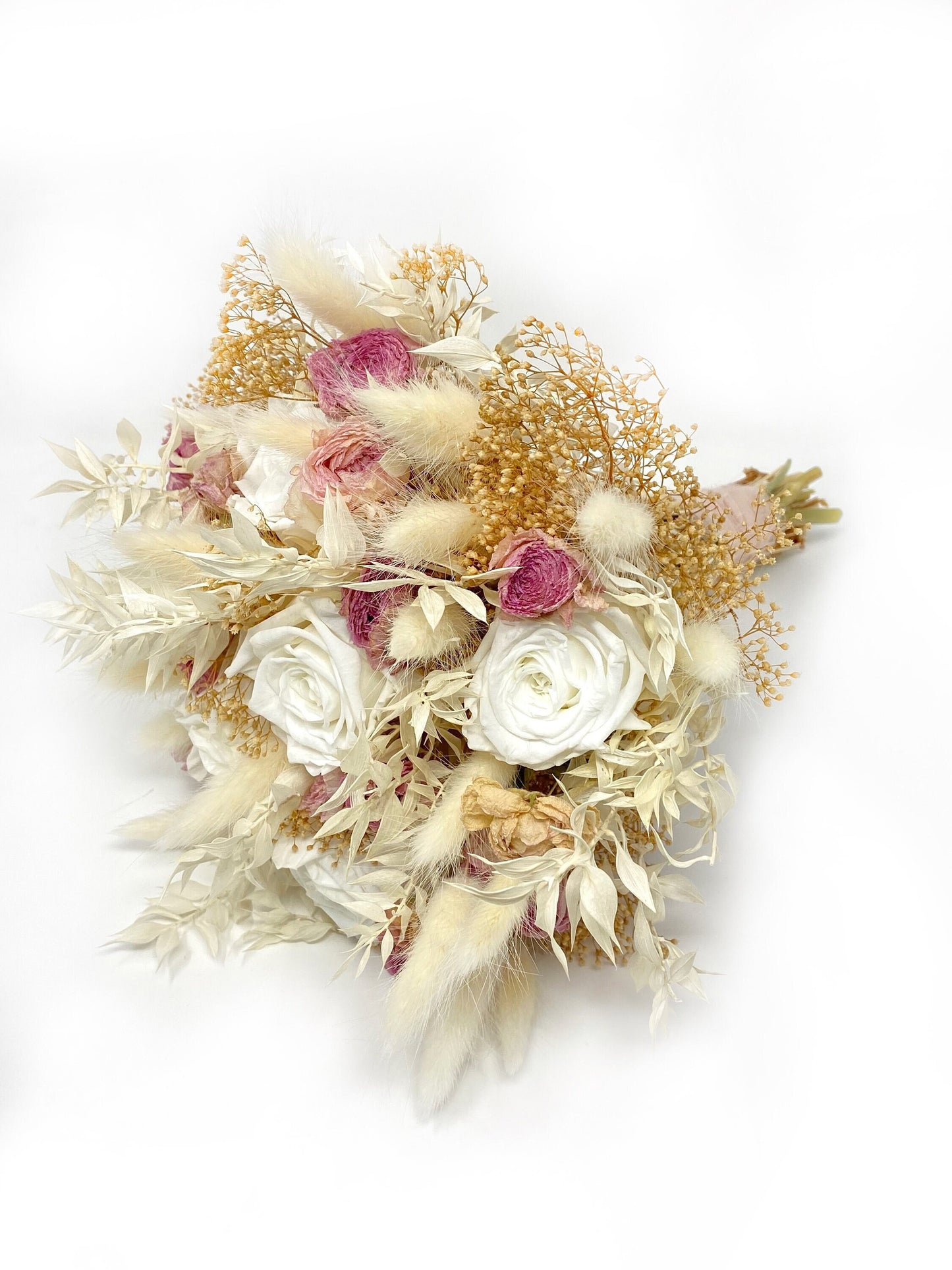 White Rose Wedding Bouquet, Preserved Forever Roses, White and Pink, Bridal, Elegant, Bunny Tails, Boho, Fall Flowers, Cream, Neutral Dried