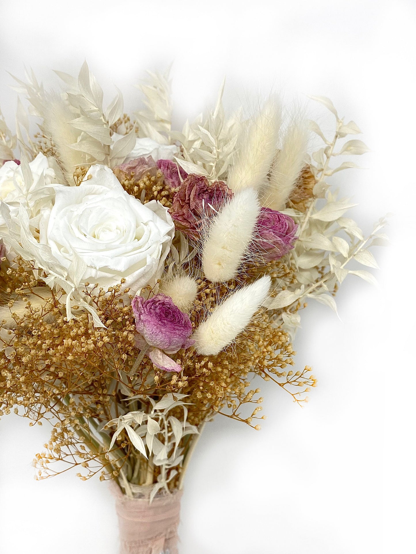 White Rose Wedding Bouquet, Preserved Forever Roses, White and Pink, Bridal, Elegant, Bunny Tails, Boho, Fall Flowers, Cream, Neutral Dried