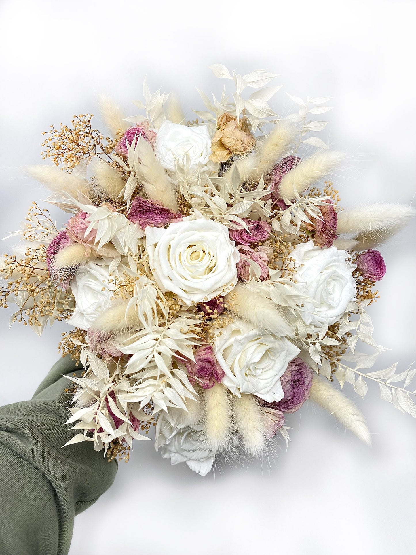White Rose Wedding Bouquet, Preserved Forever Roses, White and Pink, Bridal, Elegant, Bunny Tails, Boho, Fall Flowers, Cream, Neutral Dried