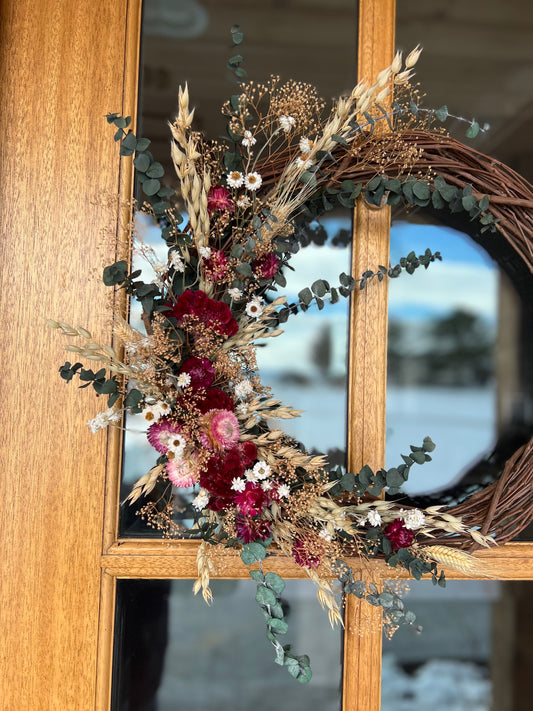 Dried Wreath, Eucalyptus, Coxcomb, Preserved Flower Wreath, Door Wreath, Wall Decoration, Pink Flowers, Greenery, Simple, Grapevine