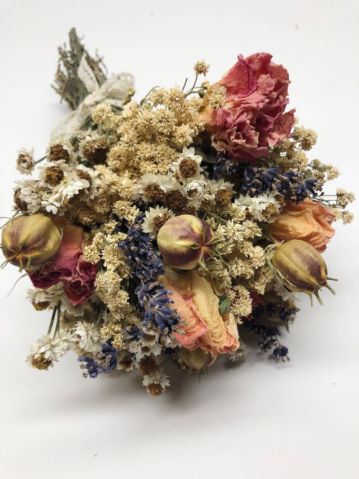 Floral Bouquet, Spring Collection, Wedding Flowers, Short Ammobium, Achillea of Pearl, Lavender, Nigella, Orange Peony, Red Peony
