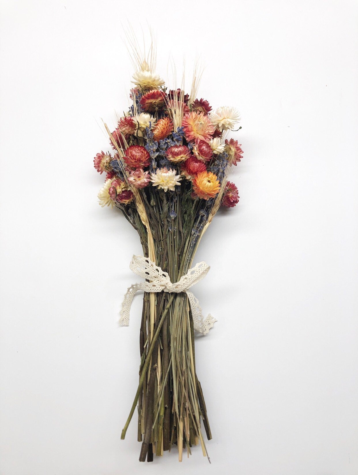 Floral Bouquet, Preserved Flower, Wedding, Anniversary gift, Fire Red Strawflower, White Strawflower, Lavender, Blonde Wheat, Gift