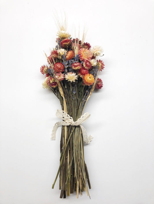 Floral Bouquet, Preserved Flower, Wedding, Anniversary gift, Fire Red Strawflower, White Strawflower, Lavender, Blonde Wheat, Gift