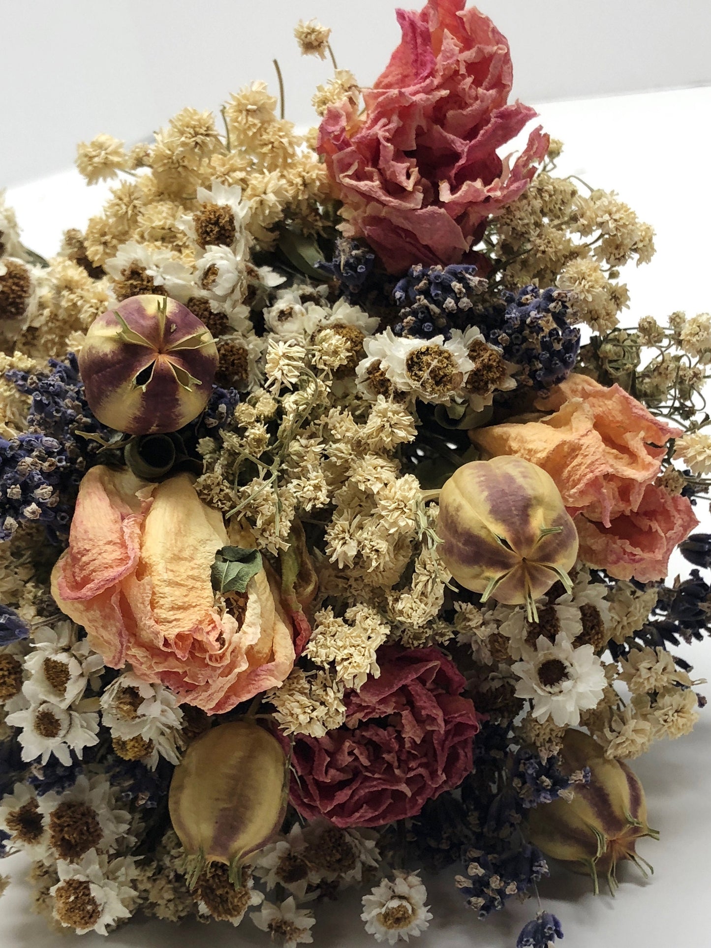 Floral Bouquet, Spring Collection, Wedding Flowers, Short Ammobium, Achillea of Pearl, Lavender, Nigella, Orange Peony, Red Peony