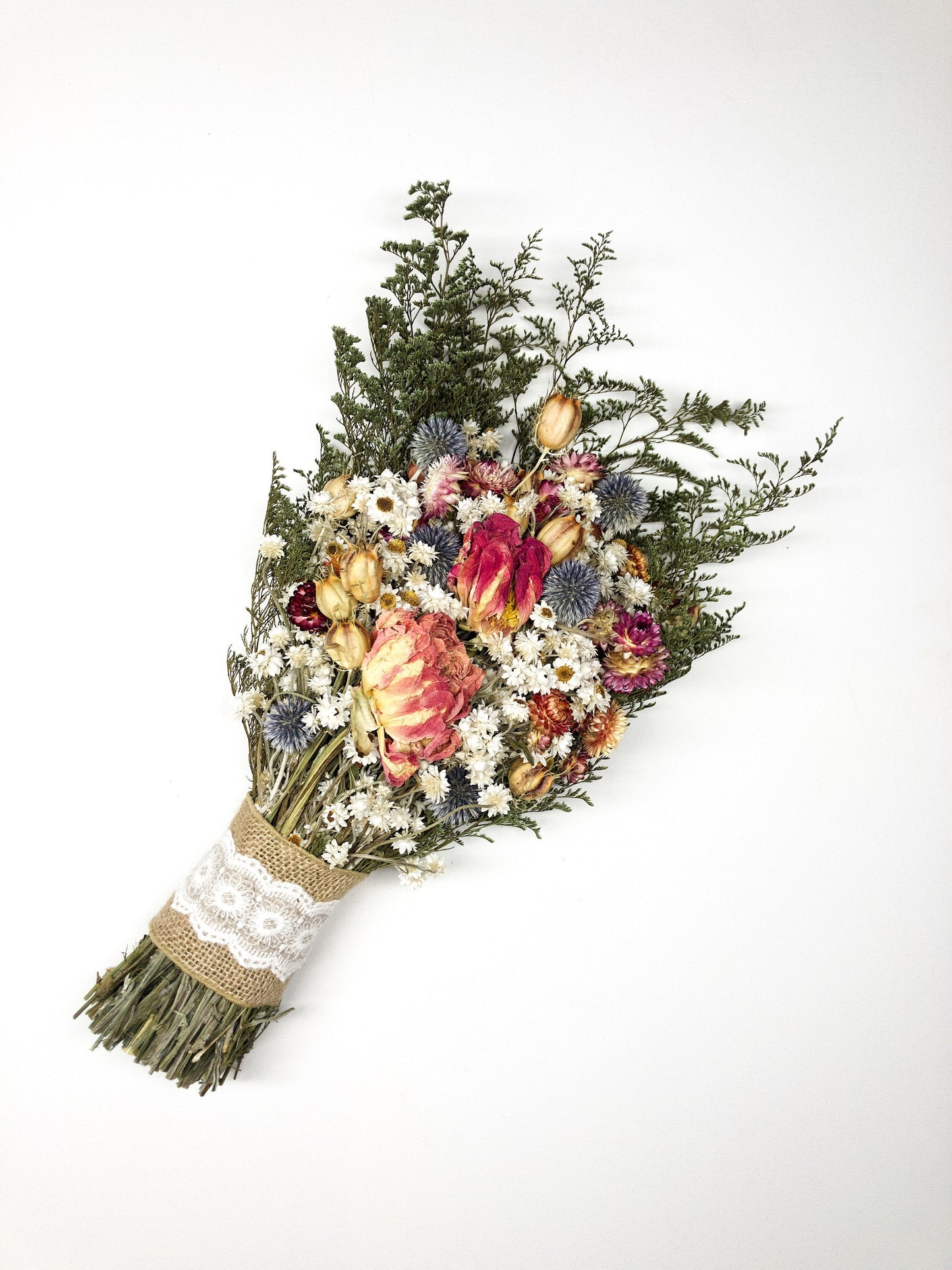 Wedding Bouquet, Dried Flowers, Preserved Floral, Bridal, Peonies, Strawflowers, Globe Thistles, Ammobium, Caspia, Nigella