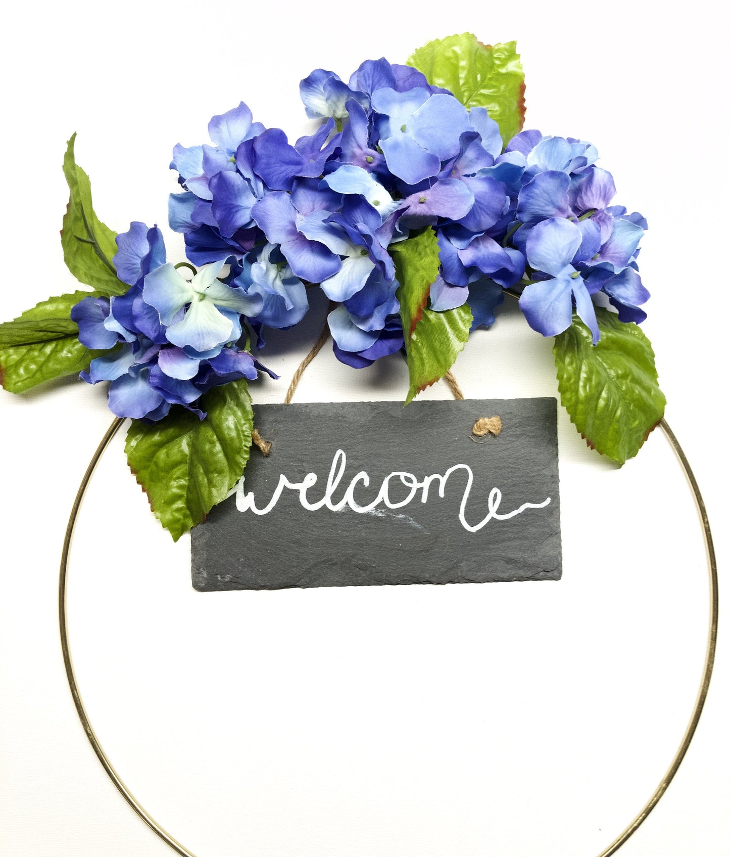 Metal Ring Wreath Blue Hydrangea, #106, Blue Flowers, Welcome Sign, Blackboard, Hoop, Spring, Summer, Wall, Nursery, Indoor, Door, Modern