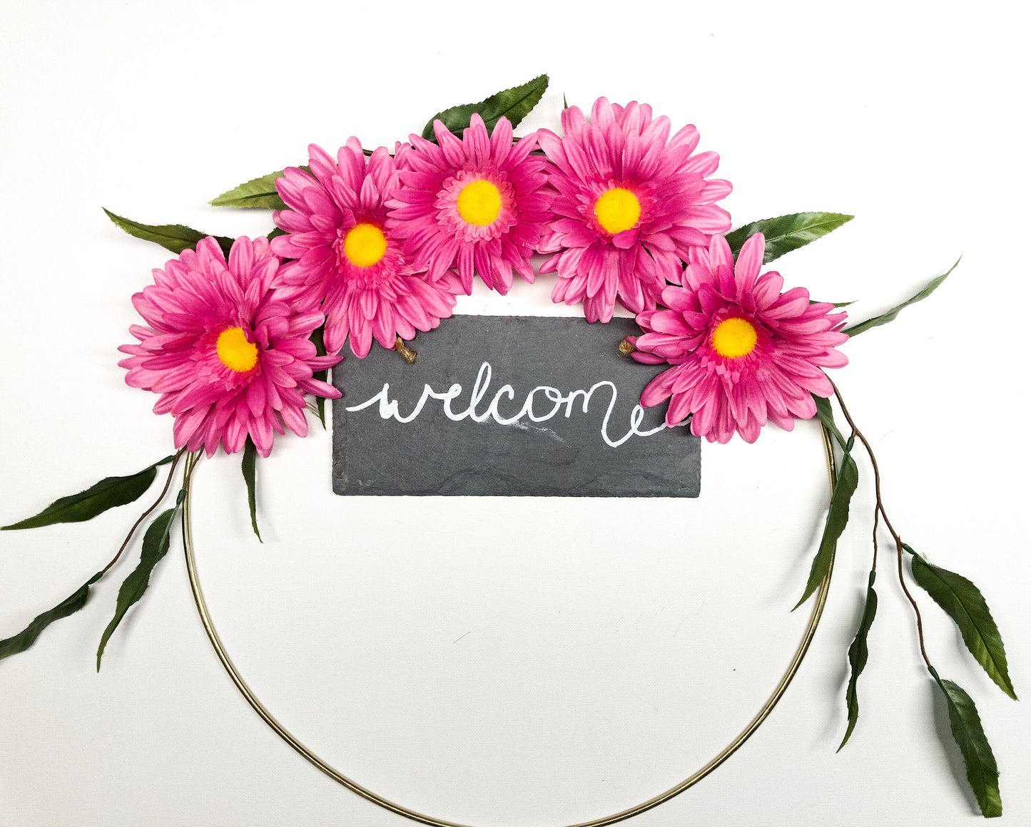 Metal Ring Wreath, Daisy, #107, Pink Daisies, Welcome Sign, Simple, Summer, Spring, Wall, Door, Nursery, Modern. Small, Indoor, Gold Natural