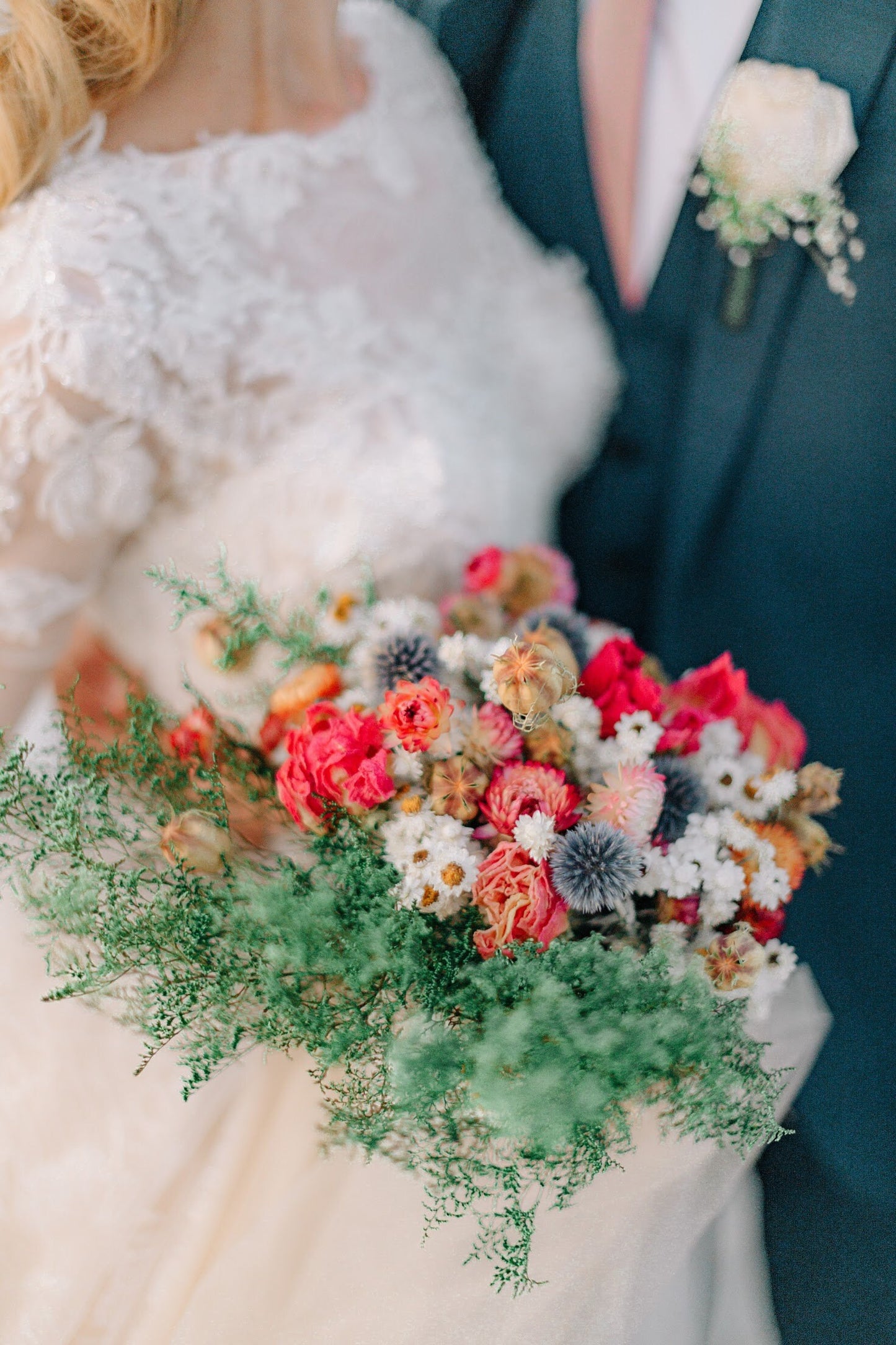 Wedding Bouquet, Dried Flowers, Preserved Floral, Bridal, Peonies, Strawflowers, Globe Thistles, Ammobium, Caspia, Nigella