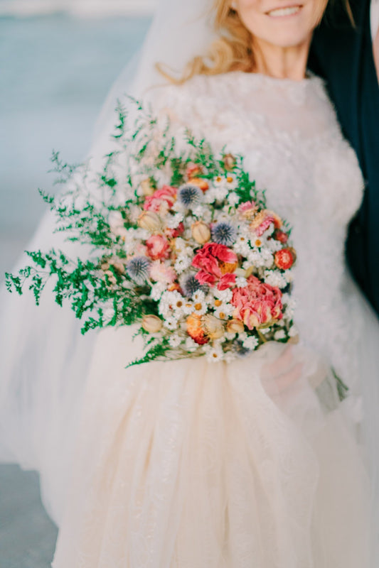 Wedding Bouquet, Dried Flowers, Preserved Floral, Bridal, Peonies, Strawflowers, Globe Thistles, Ammobium, Caspia, Nigella