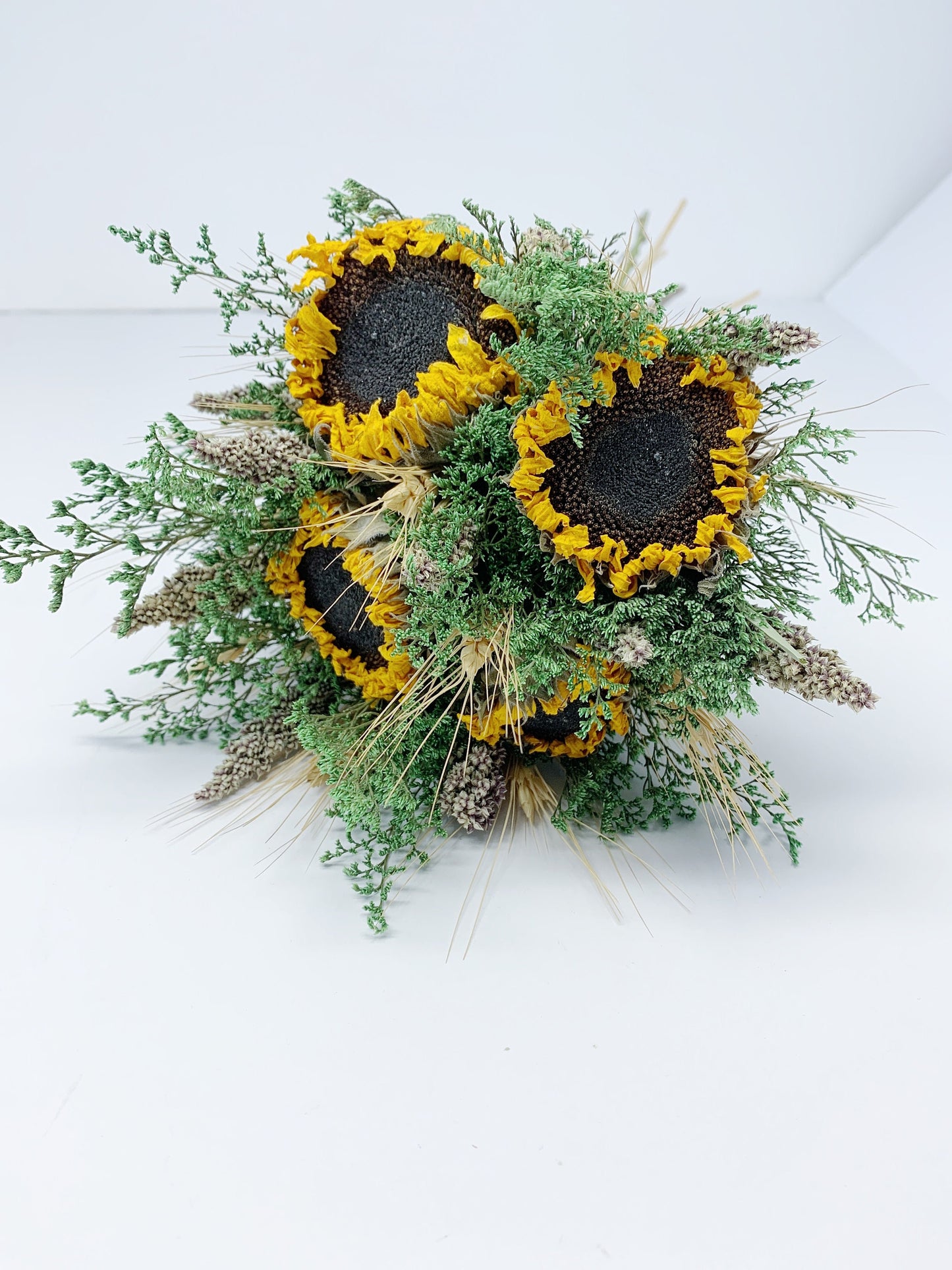 Sunflower Bouquet, Dried Flowers, Preserved, Lace Ribbon, Sunflower, Green Caspia, House Decoration, Wedding, Summer, Rustic