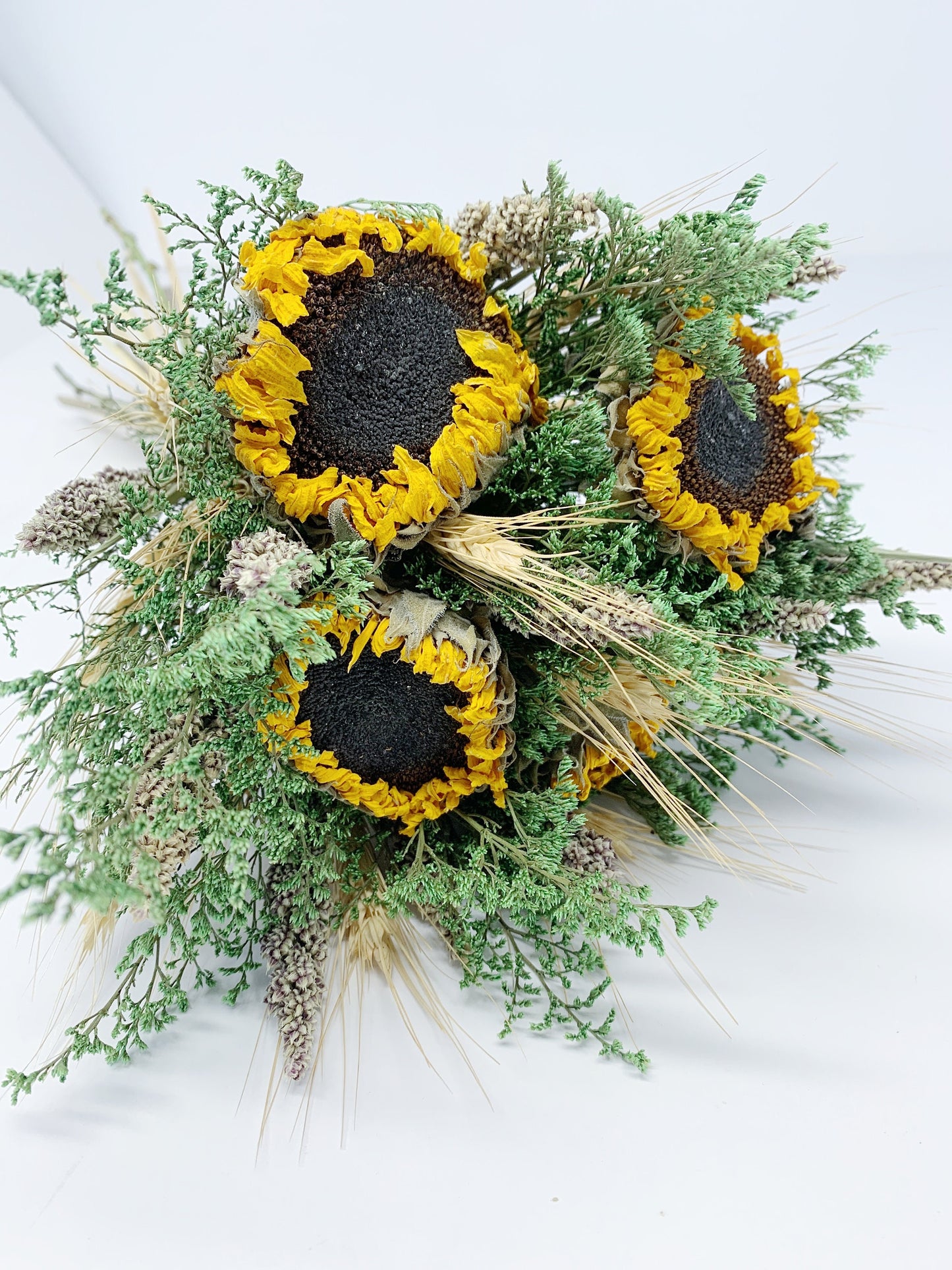 Sunflower Bouquet, Dried Flowers, Preserved, Lace Ribbon, Sunflower, Green Caspia, House Decoration, Wedding, Summer, Rustic