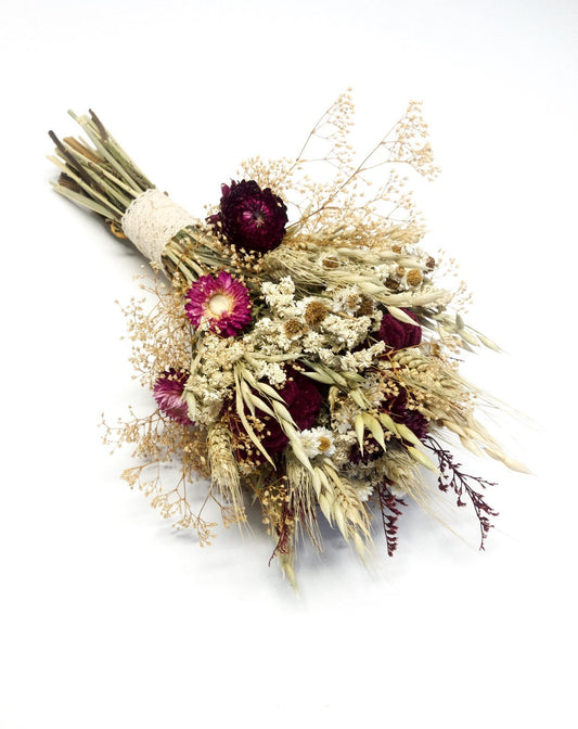 Fall Wedding Bouquet, Dried Flowers, Bridal, Strawflowers, Oats, Coxcomb, Celosia, Red, Burgundy, Beige, White, Simple, Gentle, Wheat