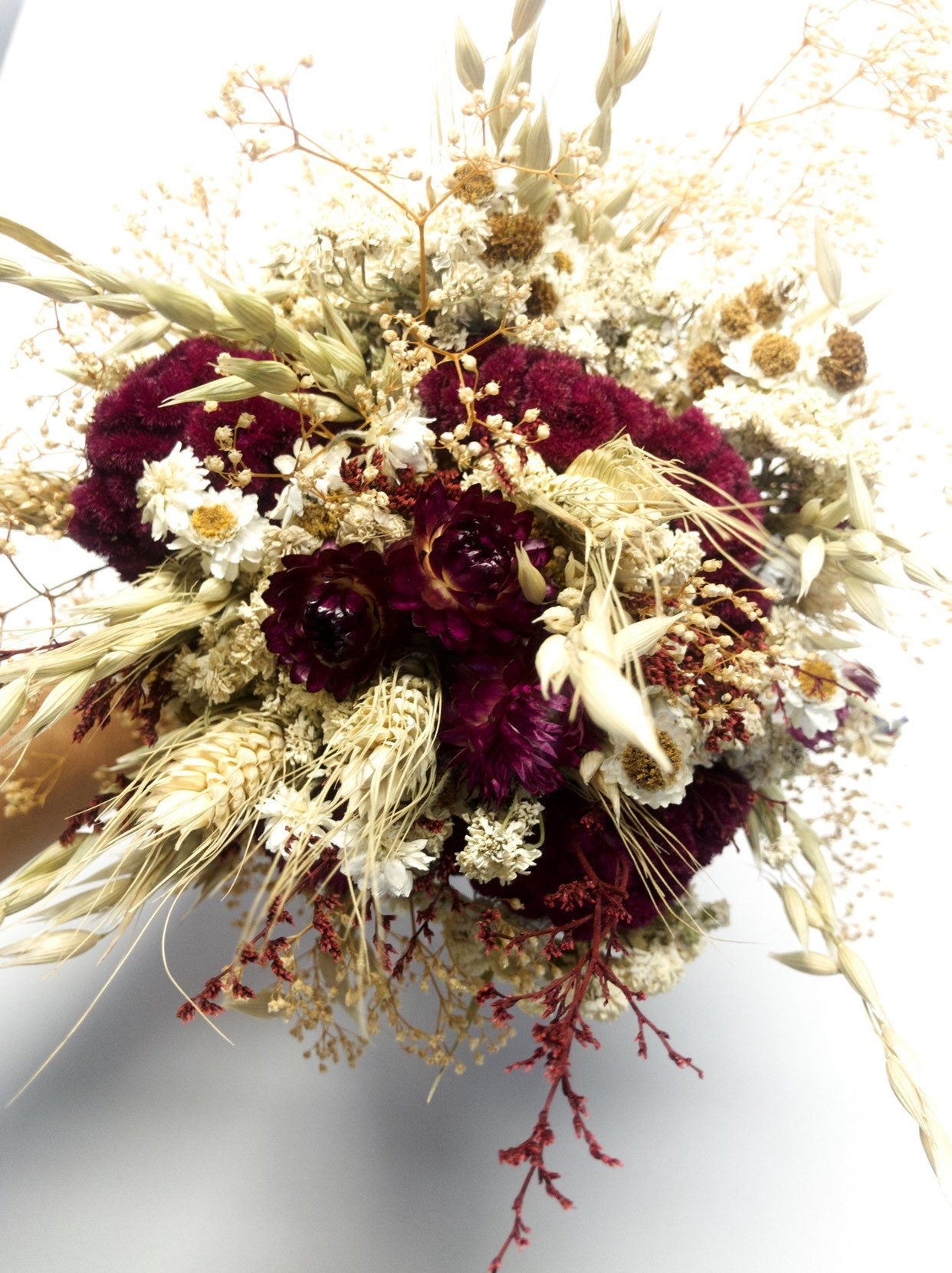 Fall Wedding Bouquet, Dried Flowers, Bridal, Strawflowers, Oats, Coxcomb, Celosia, Red, Burgundy, Beige, White, Simple, Gentle, Wheat