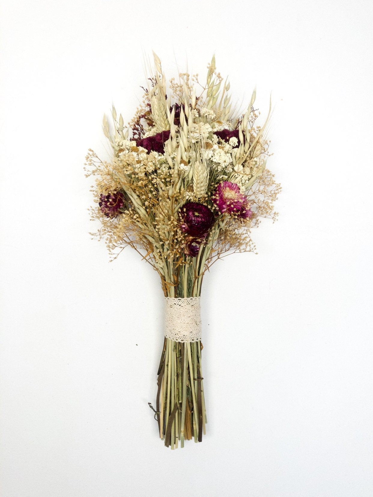 Fall Wedding Bouquet, Dried Flowers, Bridal, Strawflowers, Oats, Coxcomb, Celosia, Red, Burgundy, Beige, White, Simple, Gentle, Wheat