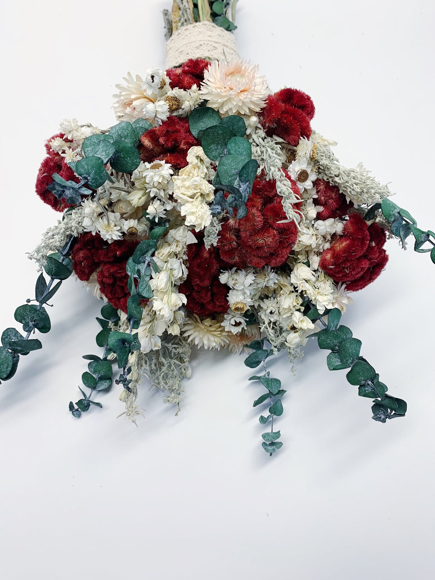 Wedding Bouquet, Dried Flowers, Preserved Floral, Ammobium, Coxcomb, Strawflower, Winter Bouquet, Eucalyptus, sliver king