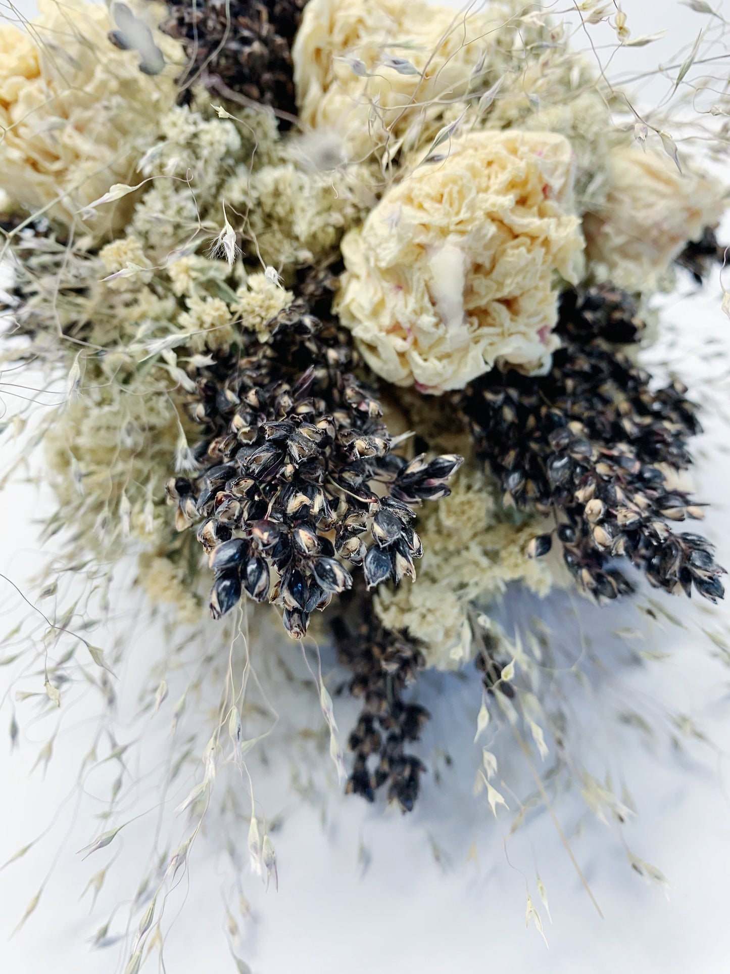 Wedding Bouquet, Dried Flowers, Presreved Black, white, Cream, White Peony, Achillea of Pearl, Indian Rice, Black Sorghum, bridal, Cream