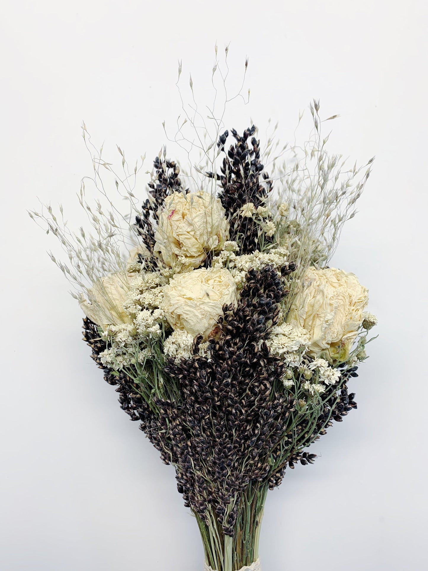 Wedding Bouquet, Dried Flowers, Presreved Black, white, Cream, White Peony, Achillea of Pearl, Indian Rice, Black Sorghum, bridal, Cream