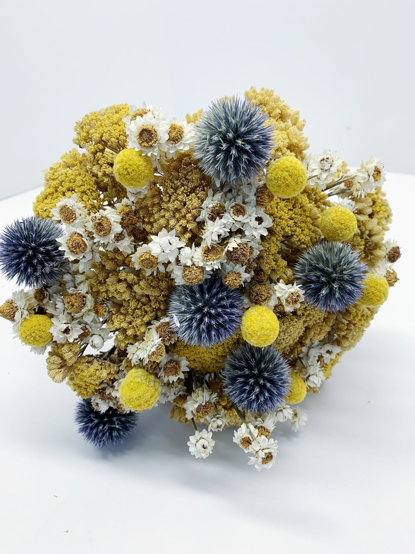 Summer Collection, Bouquet, Dried Flowers, Preserved, Bridal, Wedding, Floral, Colorful, Bridesmaid, Yellow yarrow, blue, globe thisle