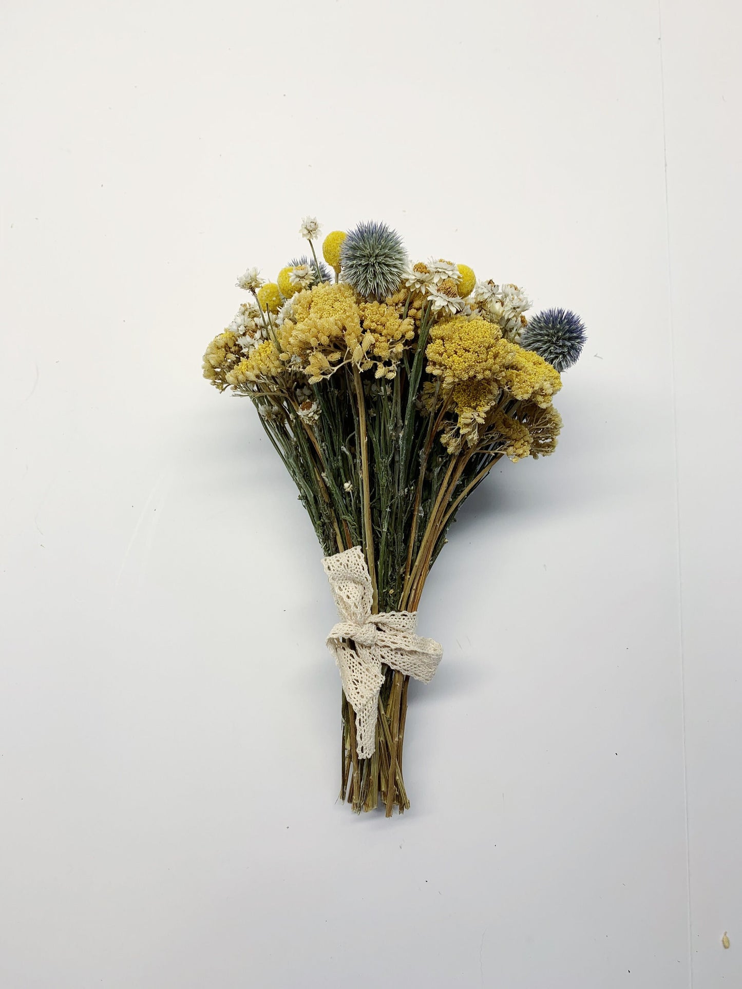 Summer Collection, Bouquet, Dried Flowers, Preserved, Bridal, Wedding, Floral, Colorful, Bridesmaid, Yellow yarrow, blue, globe thisle