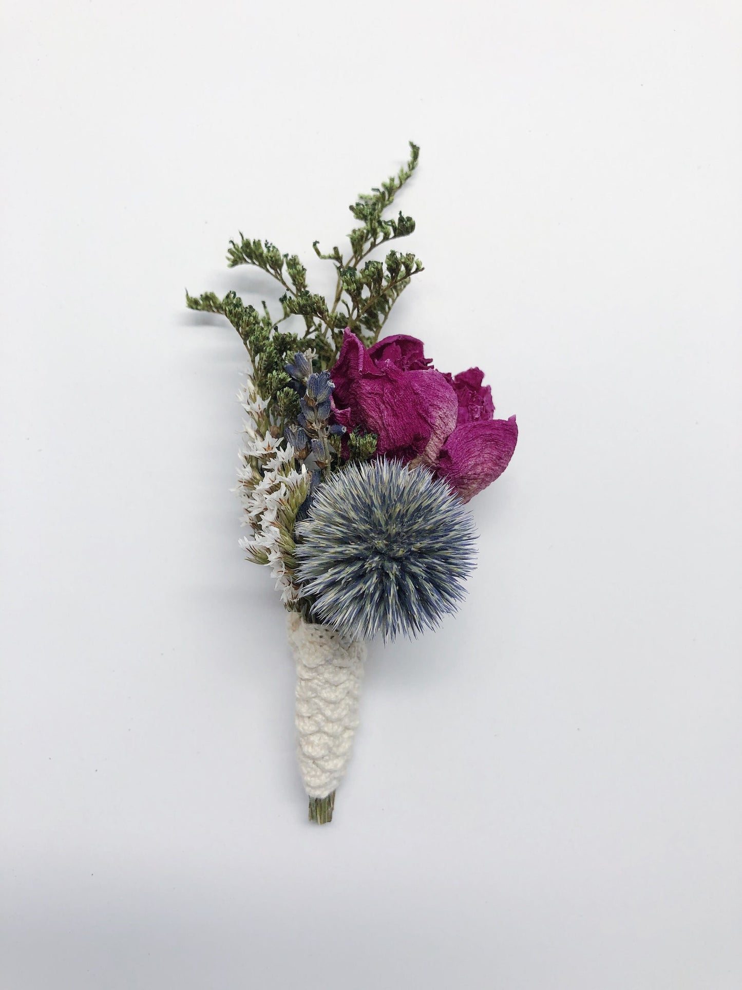 Wedding Bouquet, Preserved Flowers,  globe thistle, Peony, German statice, cotton, colorful, decor, green, pink, blue, burgundy