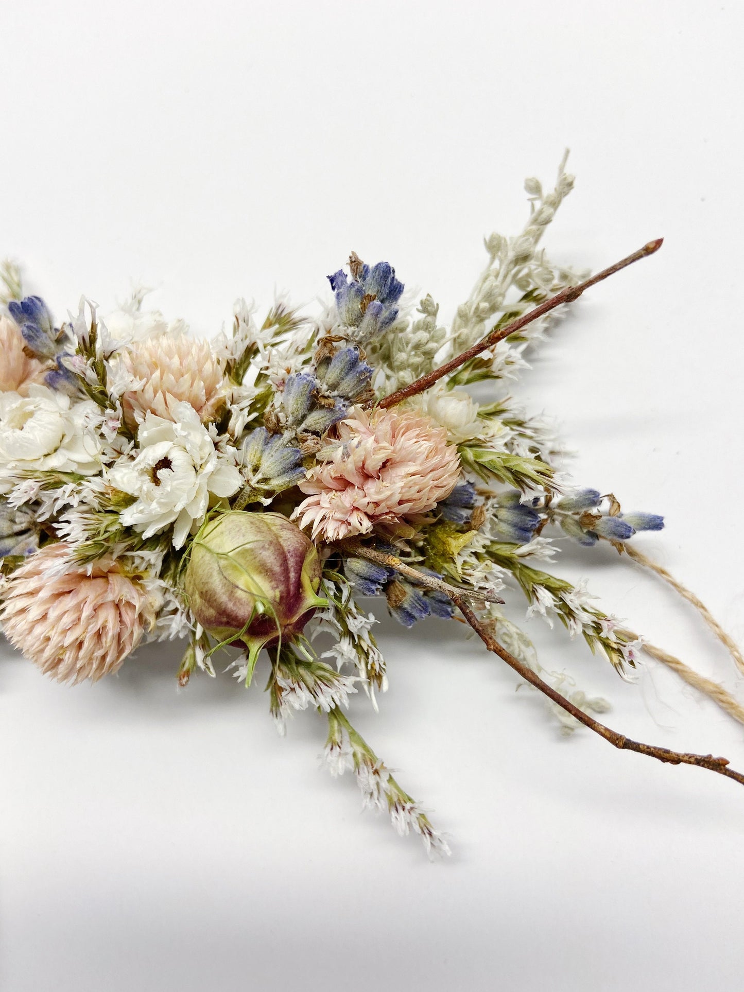 Corsage, wedding accessories, prom, floral corsage, dried flowers, preserved flowers, twine wrap, natural, simple, light color