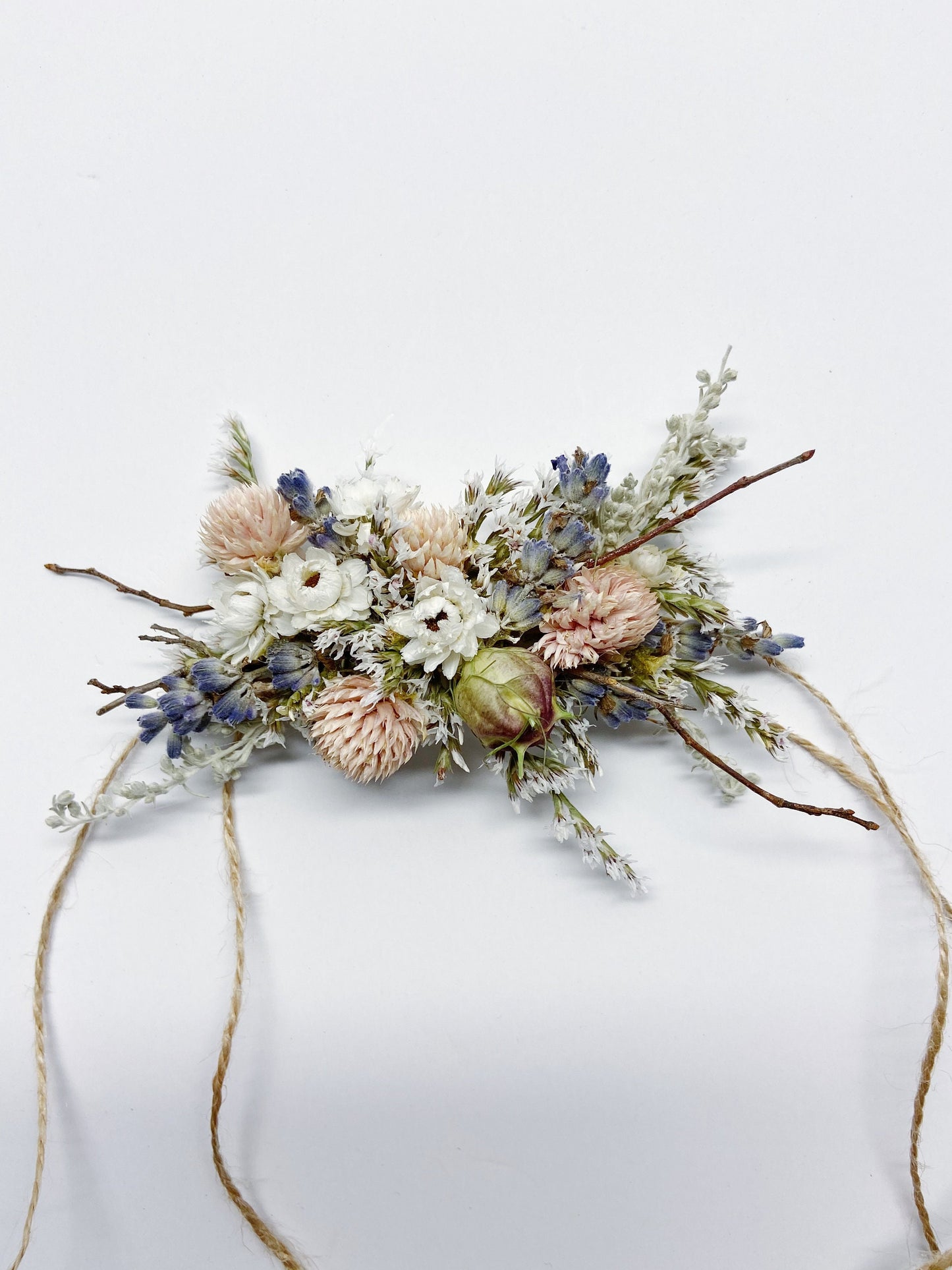 Corsage, wedding accessories, prom, floral corsage, dried flowers, preserved flowers, twine wrap, natural, simple, light color