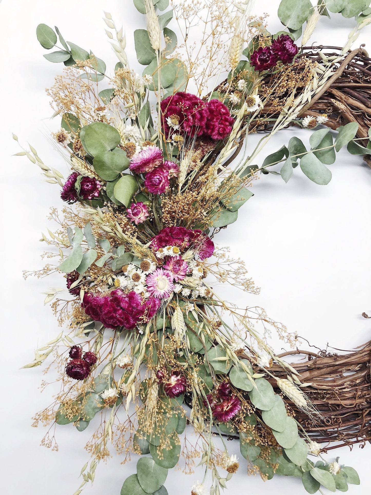 Dried Wreath, Eucalyptus, Coxcomb, Preserved Flower Wreath, Door Wreath, Wall Decoration, Pink Flowers, Greenery, Simple, Grapevine