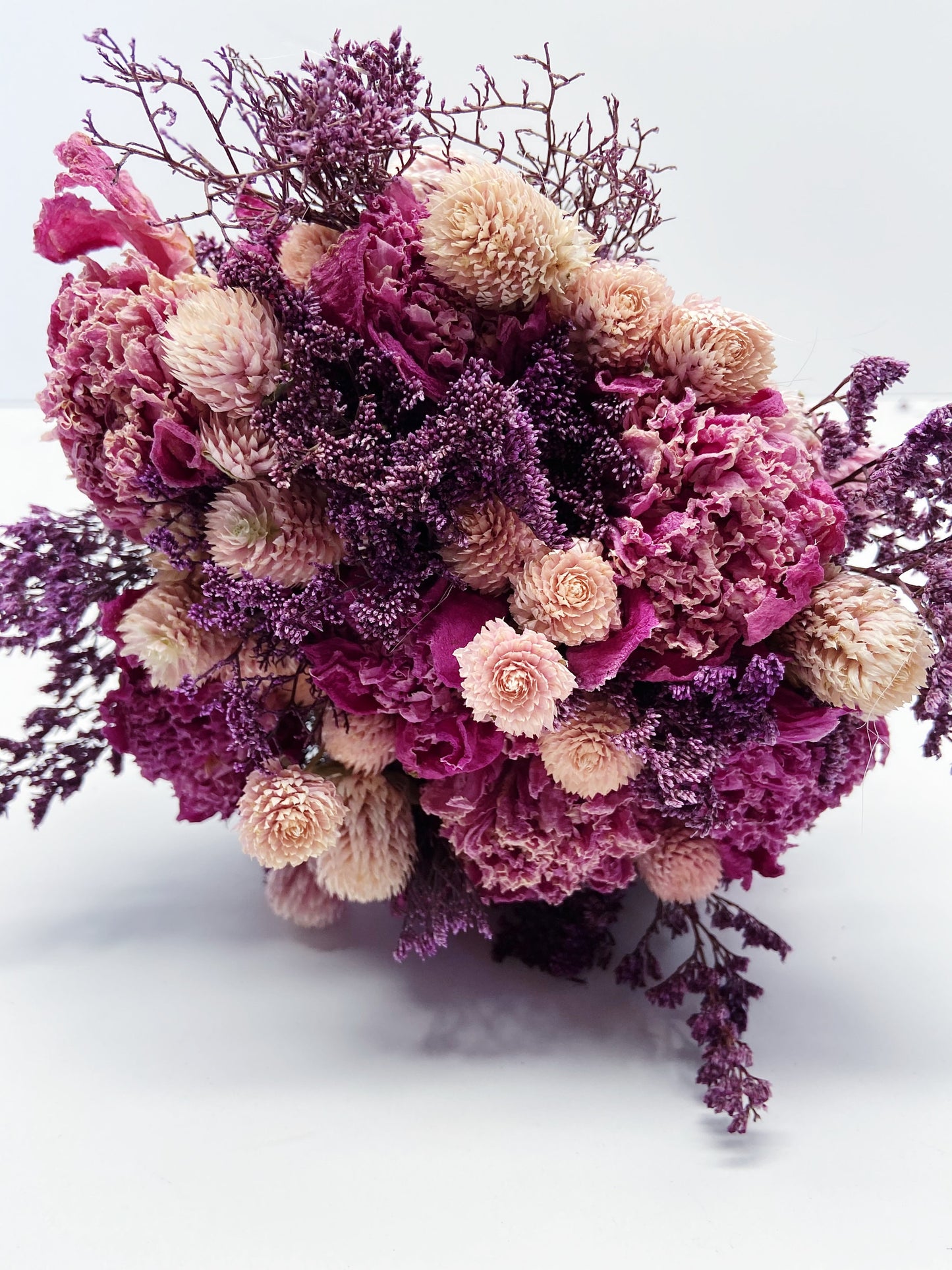 Wedding Bouquet, Preserved Flowers, Dried Floral, Throw Bouquet, Peonies, Pink, Purple, Home Decor, burgundy, Caspia, Globe Amaranth