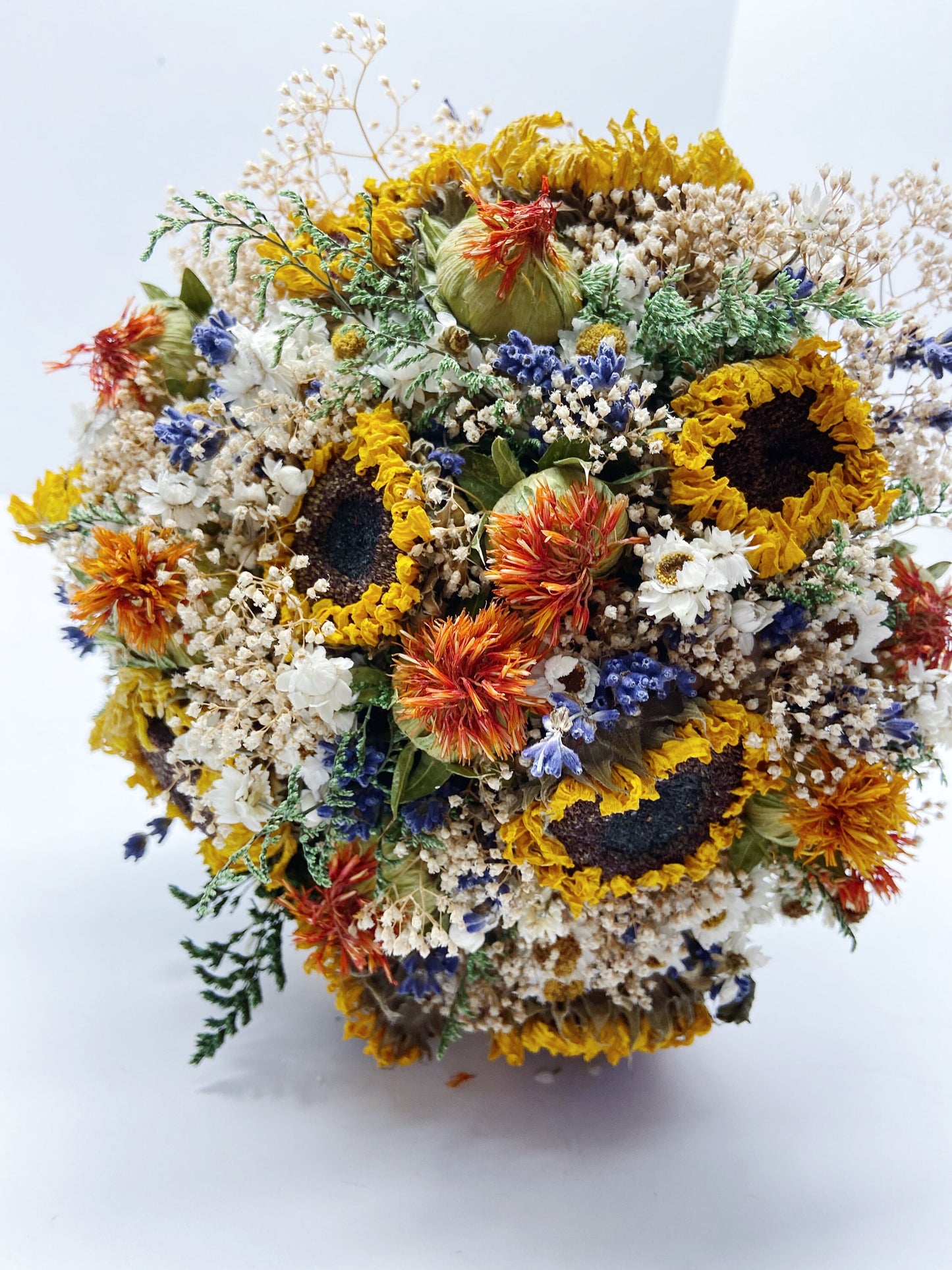 Wedding Bouquet, Wildflowers, Lavender, sunflowers, Caspia, mini gyp, safflower, ammobium, house decor, wedding bouquet, throw