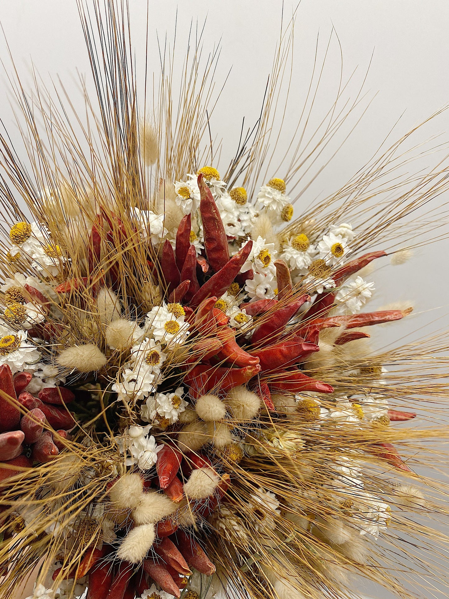 Fall Bouquet, Chili Peppers, Dried Flowers, Bunny Tails, Bridal, Red, Ammobium, Country, Preserved Flowers, Wheat