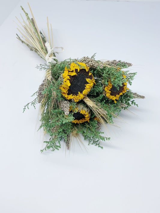 Sunflower Bouquet, Dried Flowers, Preserved, Lace Ribbon, Sunflower, Green Caspia, House Decoration, Wedding, Summer, Rustic