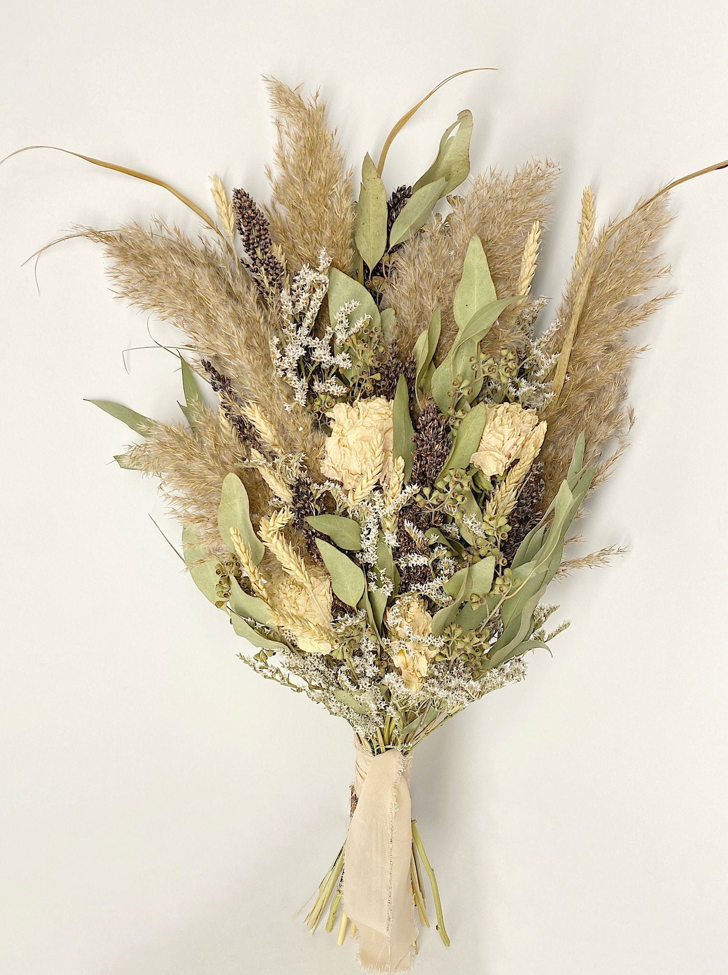 Off White Wedding Bouquet, Peonies, Floral, Beige, Bridal, Summer, Pampas Grass, Ribbon, Wheat, Cream and Green, Neutral, Dried