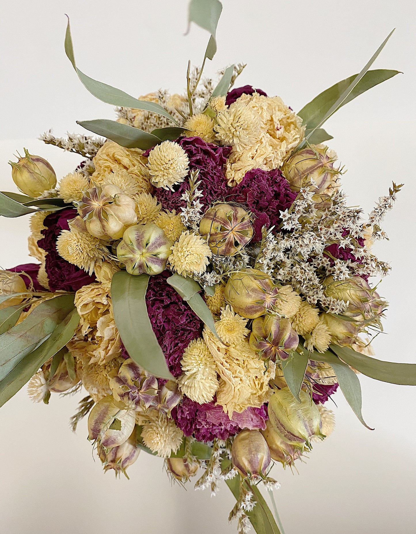 Wedding Bouquet, Peonies, Dried Flowers, Preserved Flowers, Bridal, Nigella, Cream, Purple, German Statice, Ribbon, Summer, Floral, Greenery