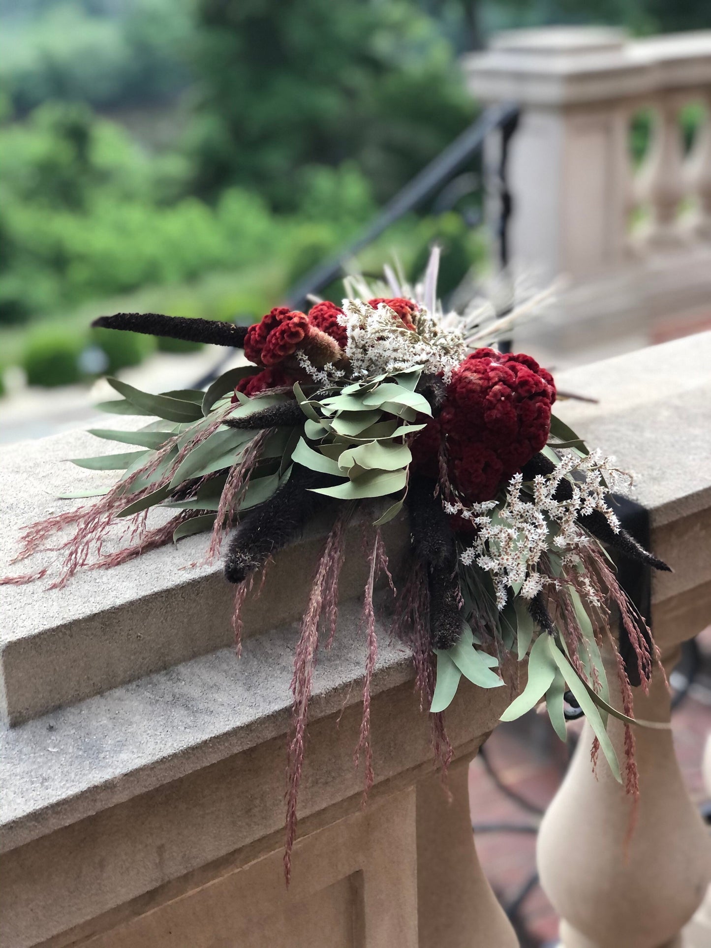 Burgundy Wedding Bouquet, Dried Flowers, Red, Bridal, Coxcomb, Dark, Summer, Fall Purple Majesty, Winter, German Statice, Greenery, Red Silk