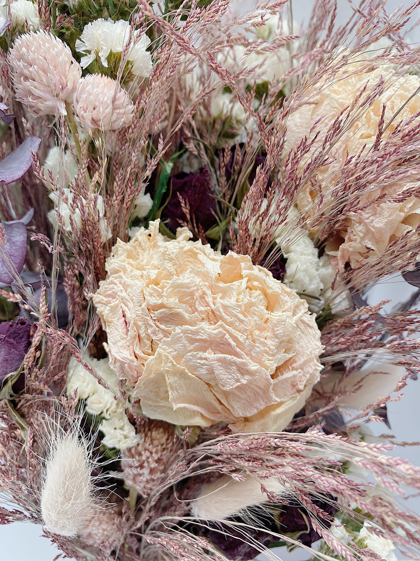 Dusty Pink Wedding Bouquet, Fluffy, Peonies, Dried Flowers, Bridal, Preserved, Bunny Tails, Floral, Summer, Purple, Roses, Cute, Ribbon