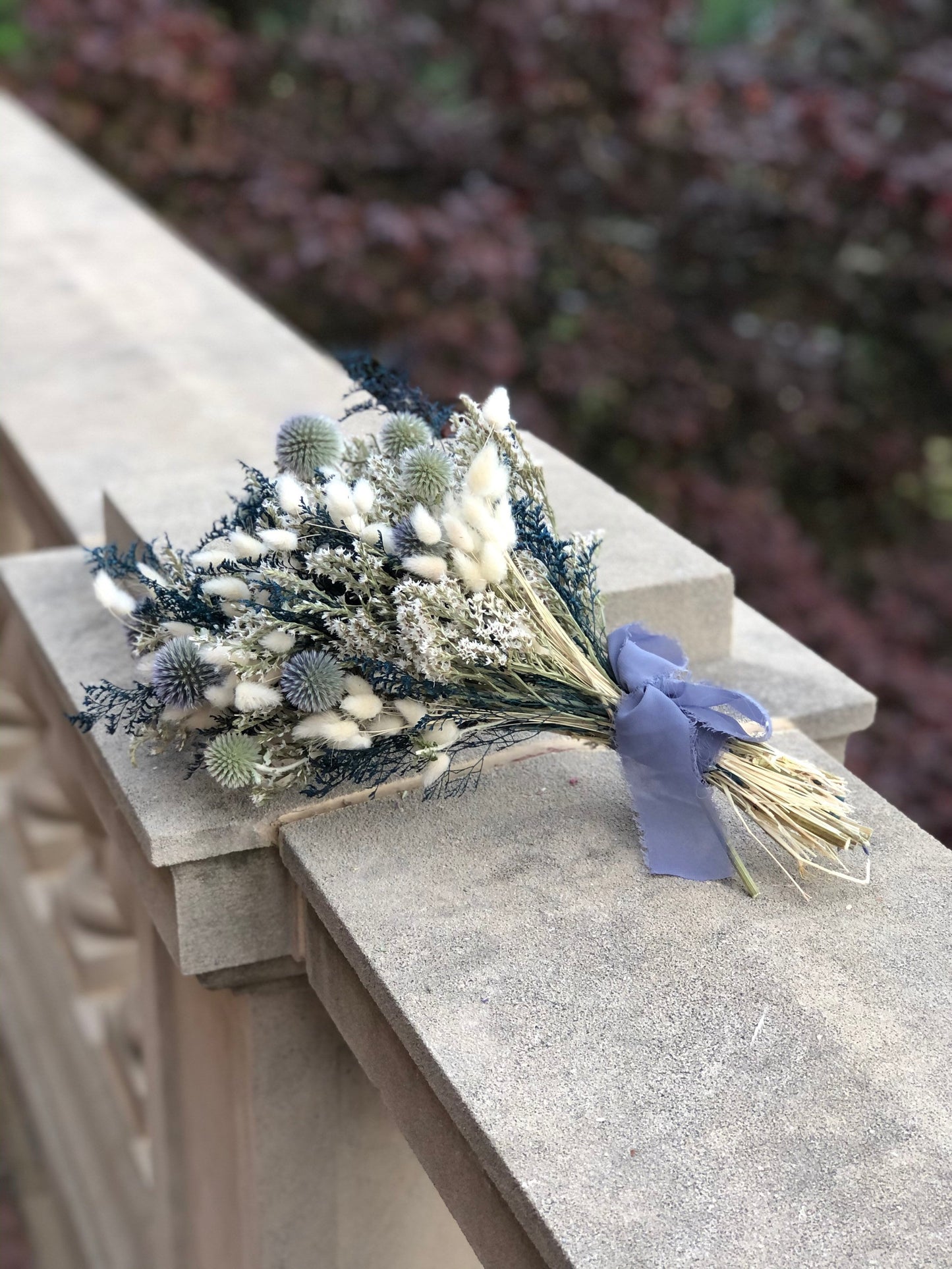 Clear Skies Collection, Wedding Bouquet, Dried Flowers, Winter, Preserved, Bridal, Globe Thistle, Bunny Tails, White, Ribbon, German Statice, Caspia, Blue, Dried