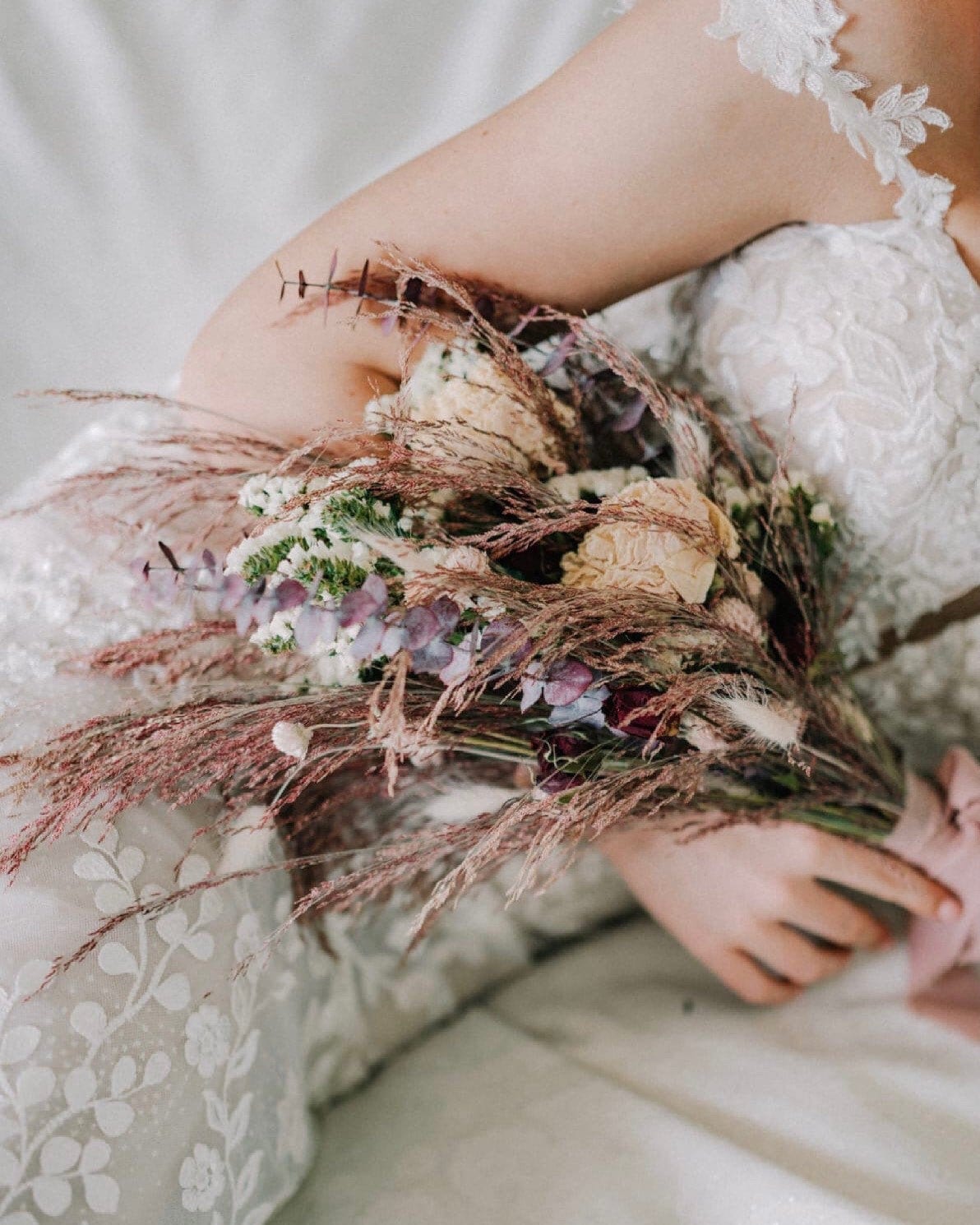 Dusty Pink Wedding Bouquet, Fluffy, Peonies, Dried Flowers, Bridal, Preserved, Bunny Tails, Floral, Summer, Purple, Roses, Cute, Ribbon