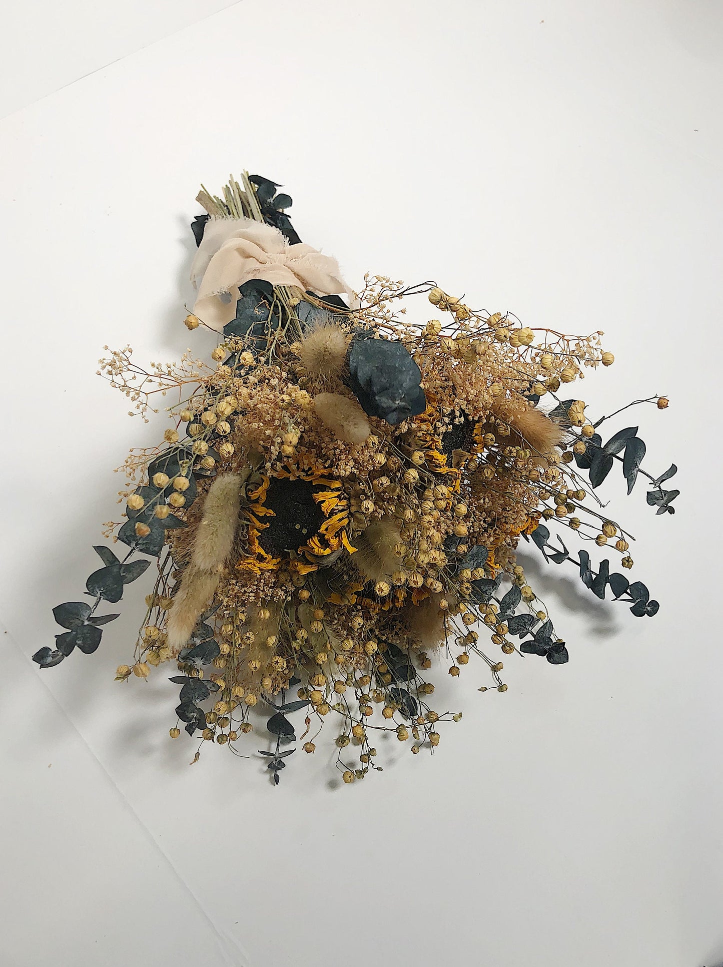 Sunflower Floral Bouquet, Dried Flowers, Preserved Floral, Yellow, Wildflowers, Mini Gyp, Home Decor, Wedding, Bunny Tails, Eucalyptus