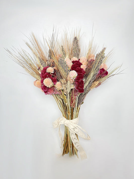 Fall Wedding, Dried Flowers, Rustic Bouquet, Coxcomb, Globe amaranth, Tapestry Millet, Wheat, Fall Colors, Throw Bouquet, Pink