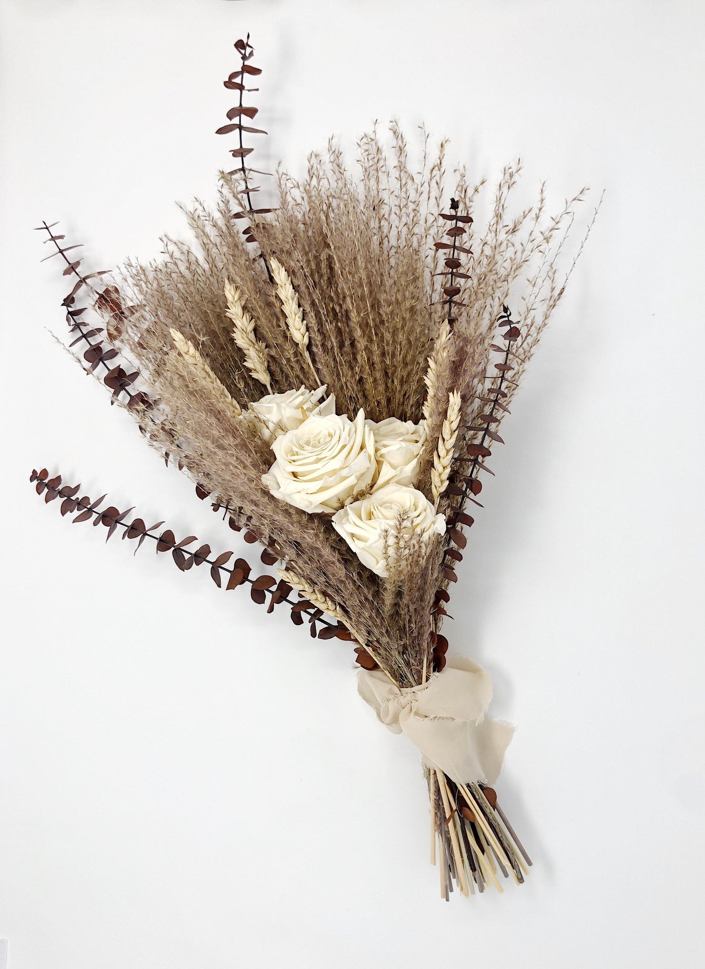 Off White Wedding Bouquet, Preserved Forever Roses, Floral, Beige, Bridal, Fall, Pampas Grass, Ribbon, Wheat, Cream and Green, Neutral Dried