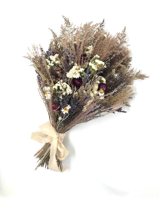 Wedding Bouquet, Dried Flowers, Beige, Brown, Purple, Fall, Wildflowers, Modern, Boho, Preserved, Floral, Pampas, Feather Grass