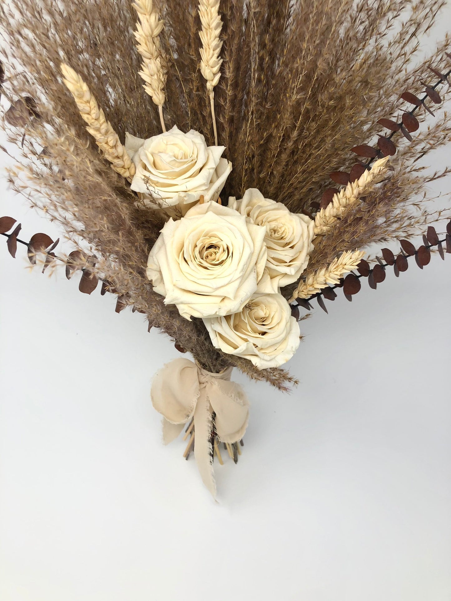 Off White Wedding Bouquet, Preserved Forever Roses, Floral, Beige, Bridal, Fall, Pampas Grass, Ribbon, Wheat, Cream and Green, Neutral Dried