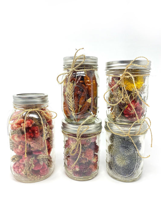 Mason Jars Filled With Dried Flowers, Preserved Floral, Home Decor, Gifts, Globe Amaranth, Pink Blue Red Flowers, Wheat, Peppers