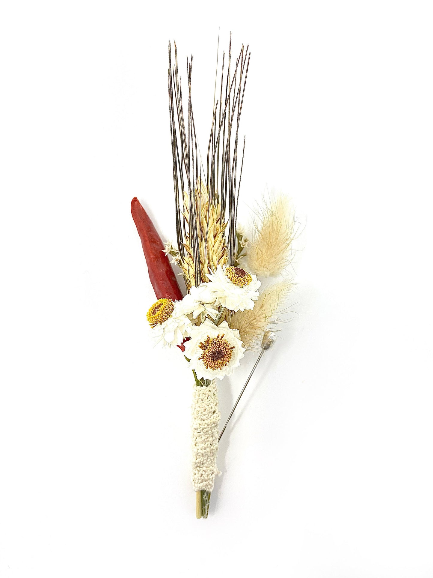 Wedding Boutonniere, Dried Flowers, Preserved Floral, Groomsman, Ammobium, Simple,  Bunny Tails, White and Red, German Statice