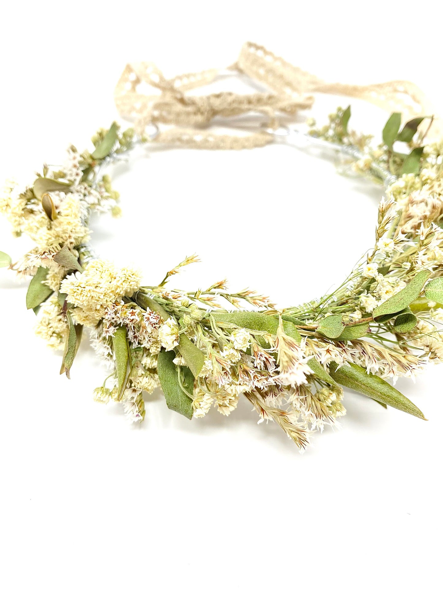 Wedding Head Wreath, Dried Flowers, Preserved Floral, Hair Accessories, Bridal, Greenery, Green and White Crown, German Statice, Photoshoot