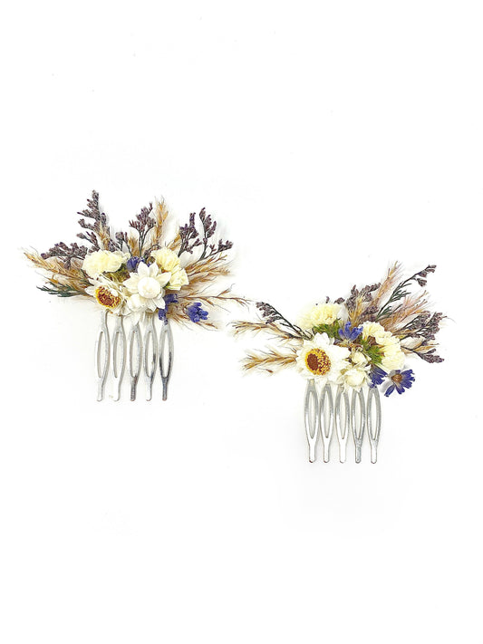 Mini Hair Combs, Wedding Accessories, Dried Flowers, Hair Accessories, Preserved Floral, Bridal, Ammobium, Pampas, Purple and White