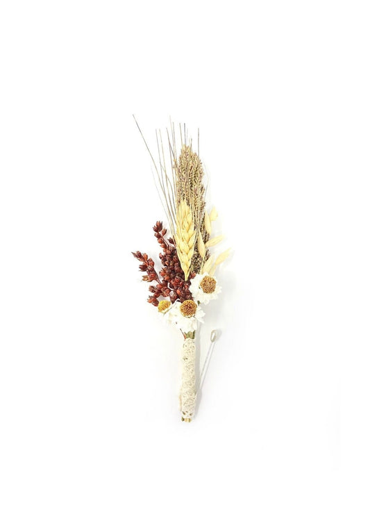 Wedding Boutonniere, Preserved Flowers, Dried Floral, Bridal Accessories, Ammobium, Broom Corn, Beige and Red